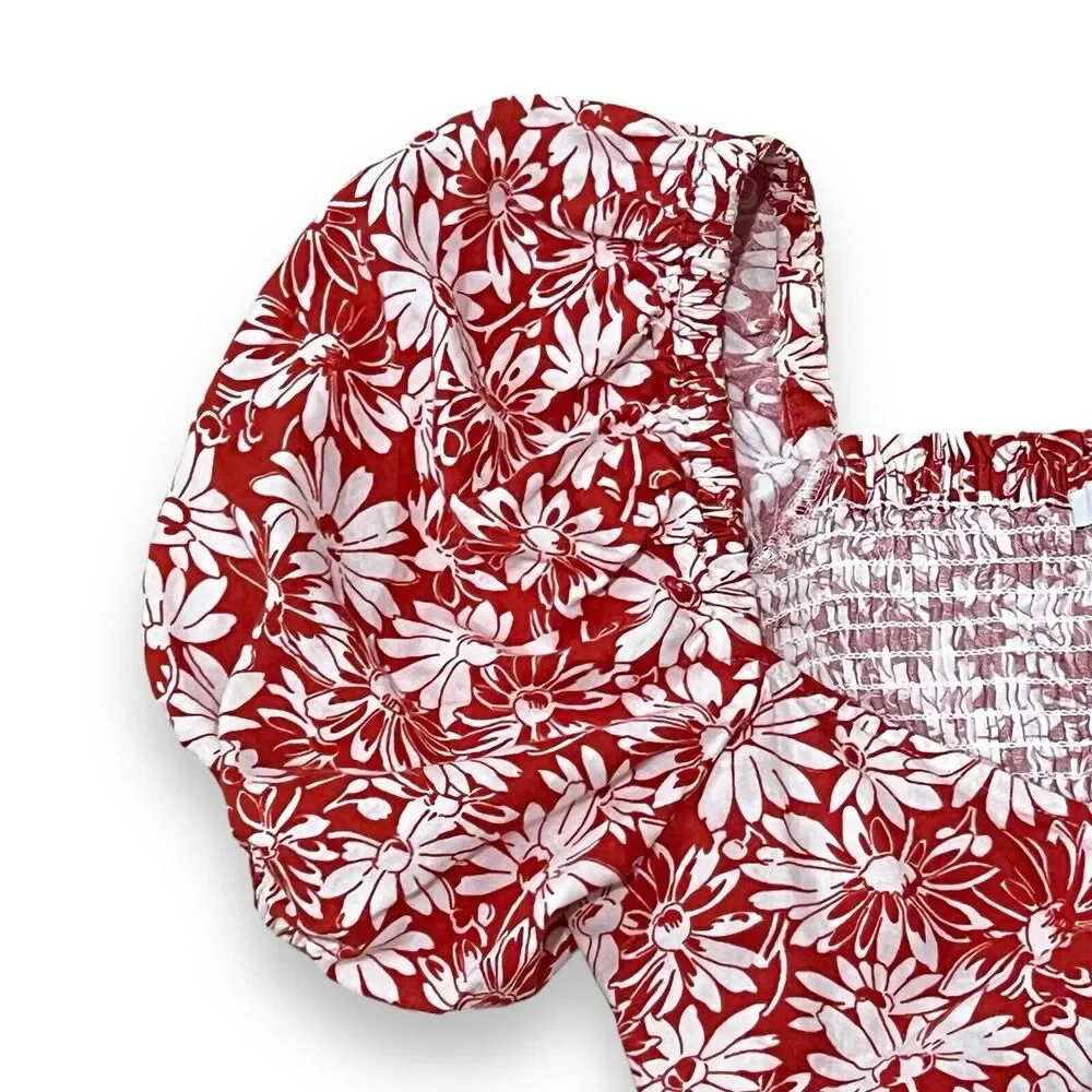 Madewell Anita Abstract Floral Linen Wrap Puff Sleeve Top XS Roasted Squash Red